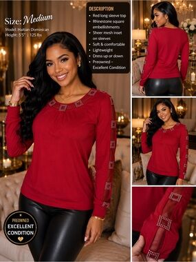 Rhinestone Accent Red Long-Sleeve Top